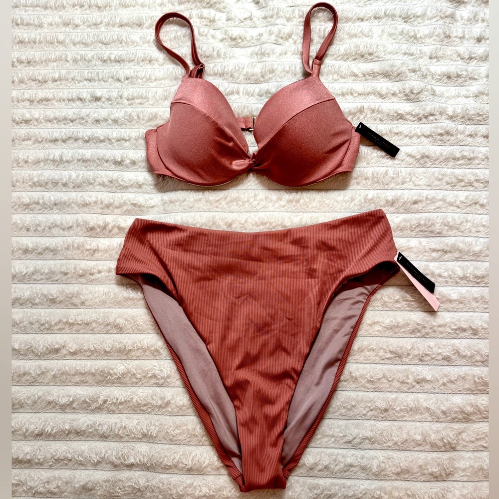 Women's Ribbed Molded Bikini Set in Dusty Rose